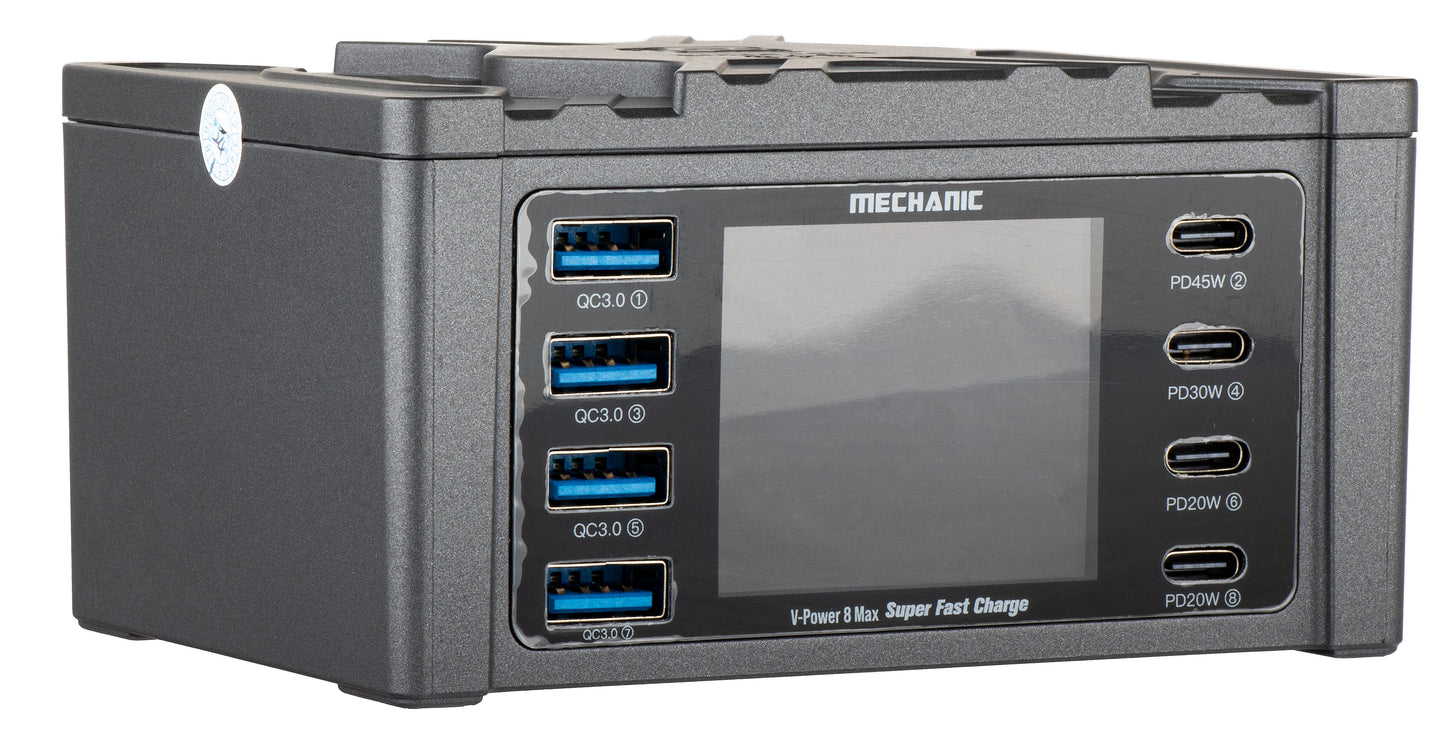 Nabíjačka Stanica Mechanic V-Power Max s displejom, 115W, 3A, 4 x USB-A - 4 x USB-C, Čierna