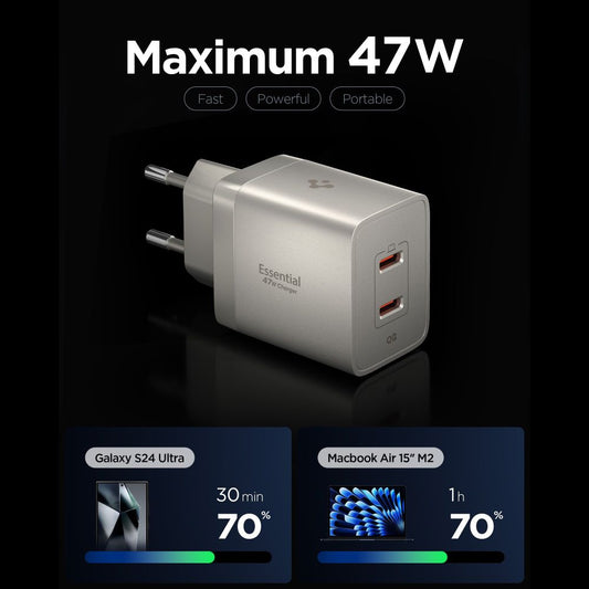 Sieťová nabíjačka Spigen EE472EU Essential, 47W, 3A, 2 x USB-C, Titanovo sivá ACH10451