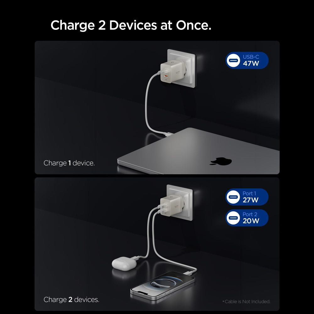 Sieťová nabíjačka Spigen EE472EU Essential, 47W, 3A, 2 x USB-C, Titanovo sivá ACH10451