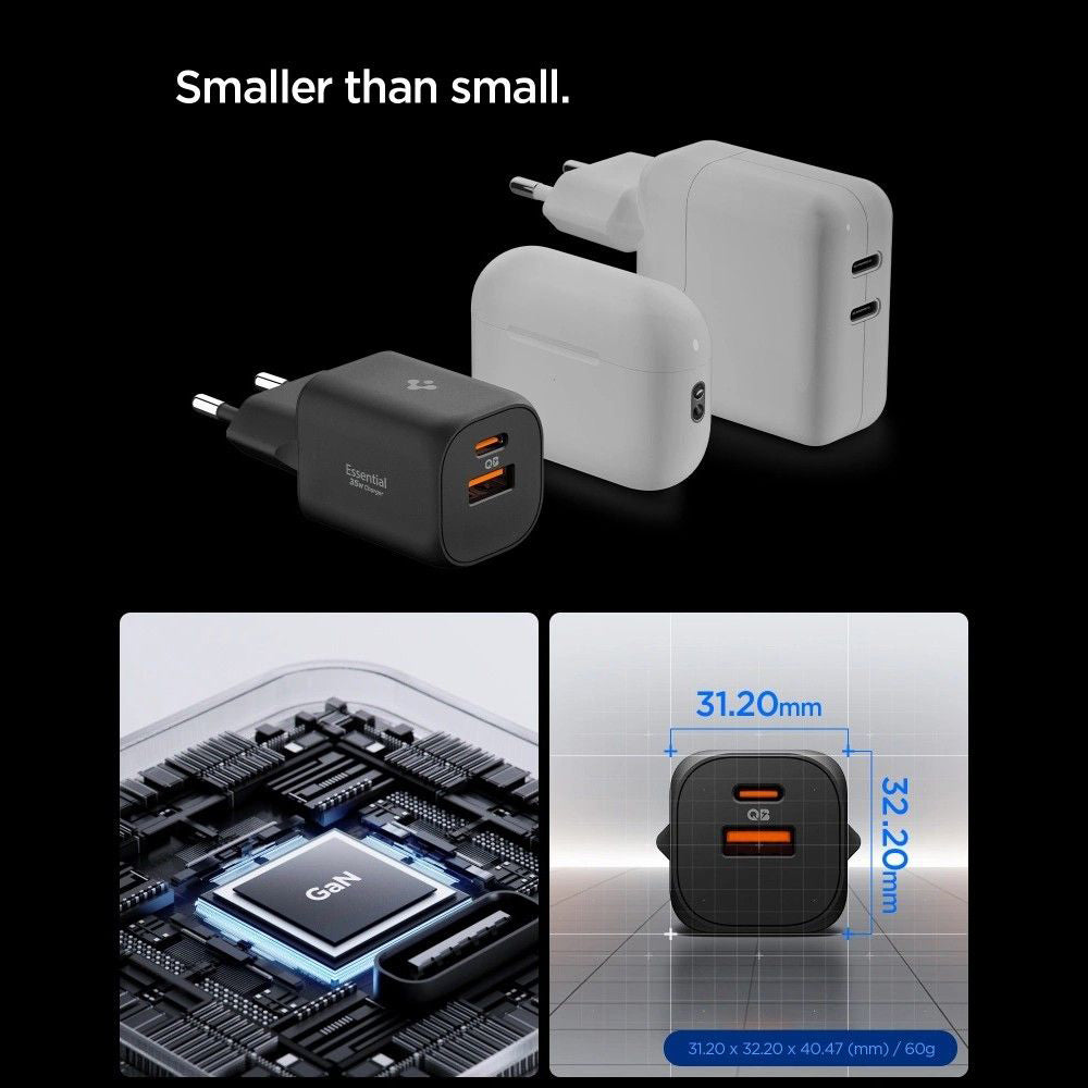 Sieťová nabíjačka Spigen Essential, 35W, 3A, 1 x USB-A - 1 x USB-C, Biela