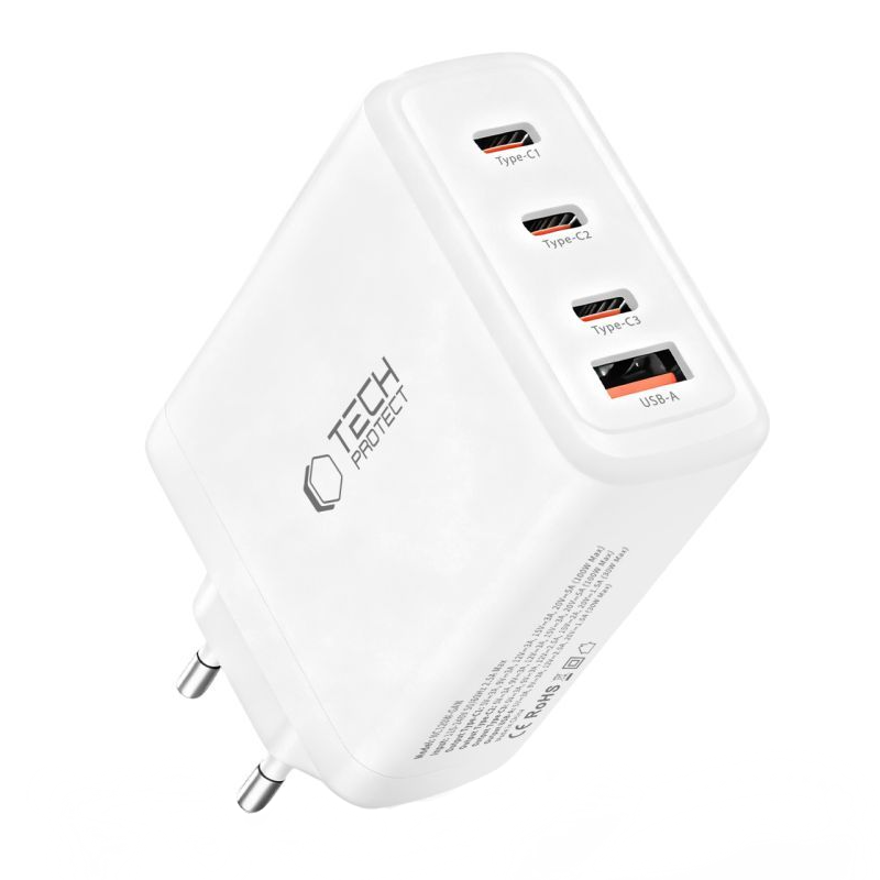 Sieťová nabíjačka Tech-Protect NC120W-GAN, 120W, 5A, 1 x USB-A - 3 x USB-C, Biela
