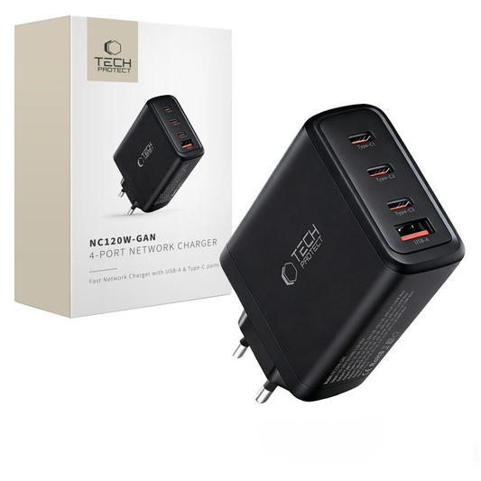 Sieťová nabíjačka Tech-Protect NC120W-GAN, 120W, 5A, 1 x USB-A - 3 x USB-C, Čierna