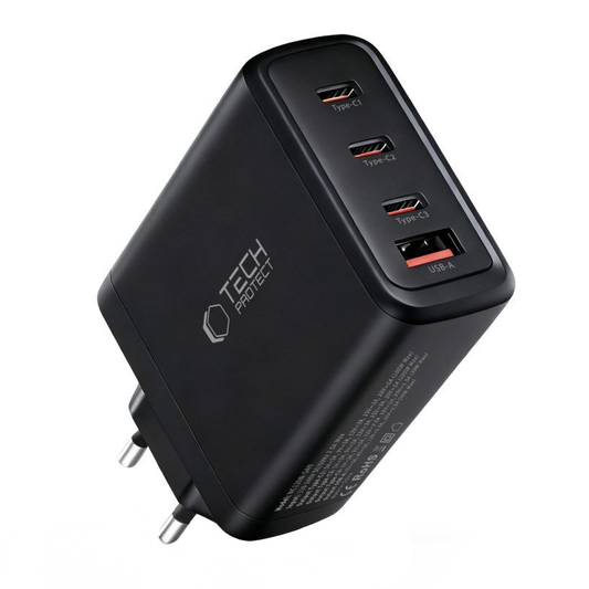 Sieťová nabíjačka Tech-Protect NC120W-GAN, 120W, 5A, 1 x USB-A - 3 x USB-C, Čierna