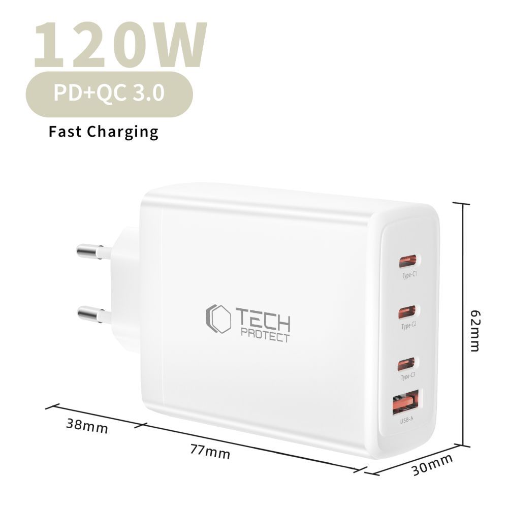 Sieťová nabíjačka Tech-Protect NC120W-GAN, 120W, 5A, 1 x USB-A - 3 x USB-C, Biela