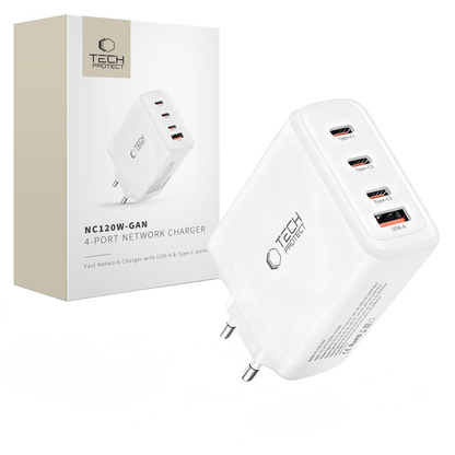 Sieťová nabíjačka Tech-Protect NC120W-GAN, 120W, 5A, 1 x USB-A - 3 x USB-C, Biela