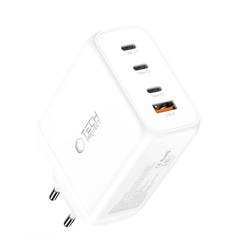 Sieťová nabíjačka Tech-Protect NC200W-GAN, 200W, 5A, 1 x USB-A - 3 x USB-C, Biela