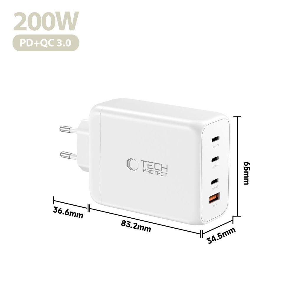 Sieťová nabíjačka Tech-Protect NC200W-GAN, 200W, 5A, 1 x USB-A - 3 x USB-C, Biela