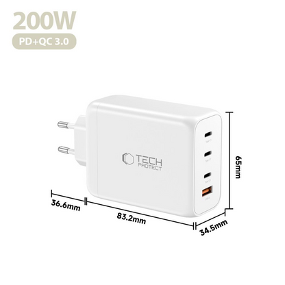 Sieťová nabíjačka Tech-Protect NC200W-GAN, 200W, 5A, 1 x USB-A - 3 x USB-C, Biela