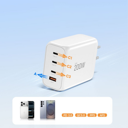 Sieťová nabíjačka Tech-Protect NC200W-GAN, 200W, 5A, 1 x USB-A - 3 x USB-C, Biela