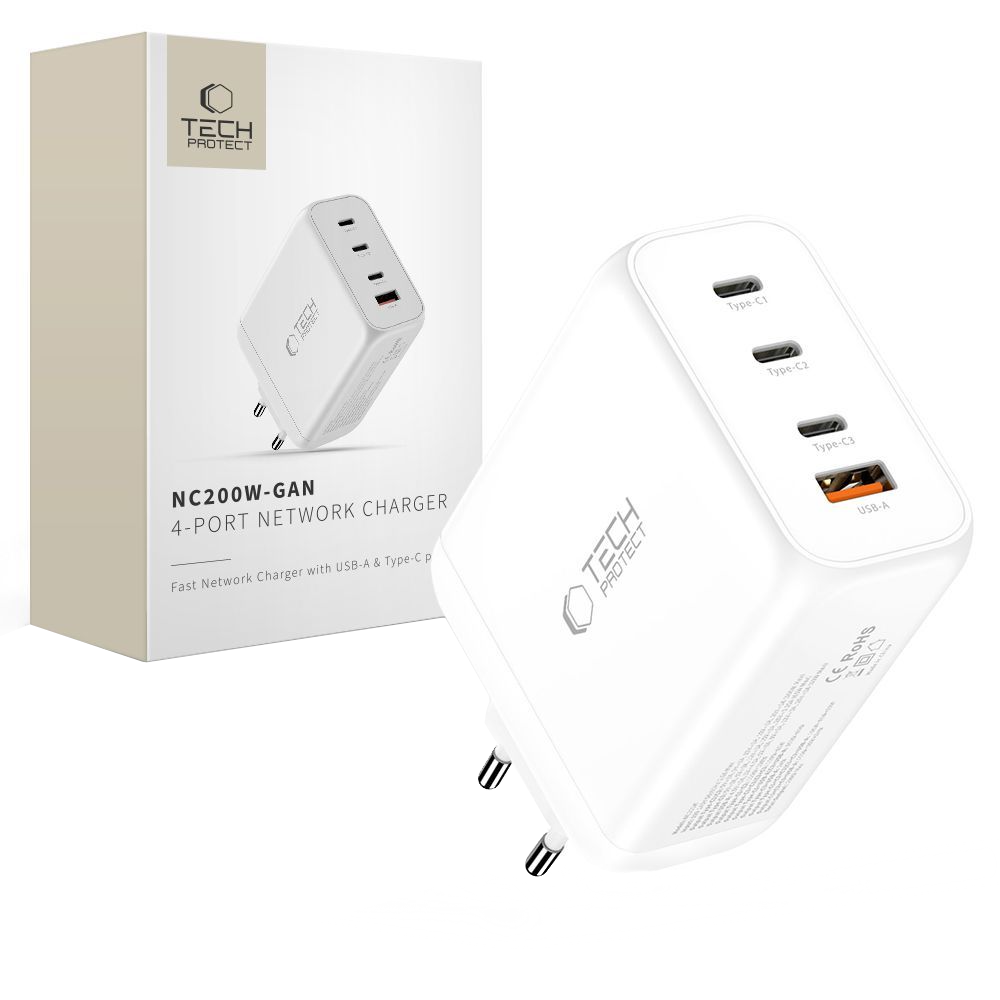 Sieťová nabíjačka Tech-Protect NC200W-GAN, 200W, 5A, 1 x USB-A - 3 x USB-C, Biela