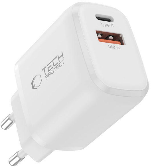 Sieťová nabíjačka Tech-Protect NCA45W, 45W, 3A, 1 x USB-A - 1 x USB-C, Biela