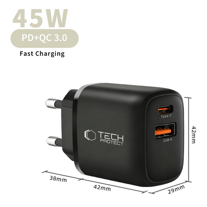 Sieťová nabíjačka Tech-Protect NCA45W, 45W, 3A, 1 x USB-A - 1 x USB-C, Čierna