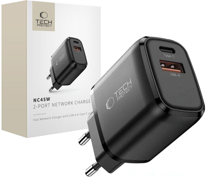 Sieťová nabíjačka Tech-Protect NCA45W, 45W, 3A, 1 x USB-A - 1 x USB-C, Čierna