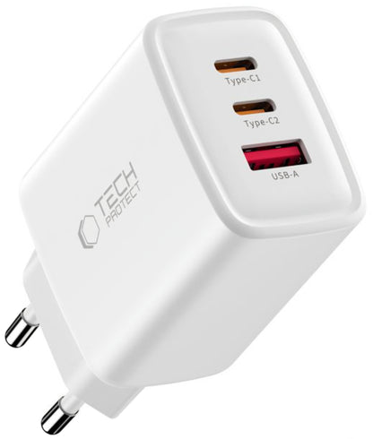 Sieťová nabíjačka Tech-Protect NCA65W, 65W, 3A, 1 x USB-A - 2 x USB-C, Biela