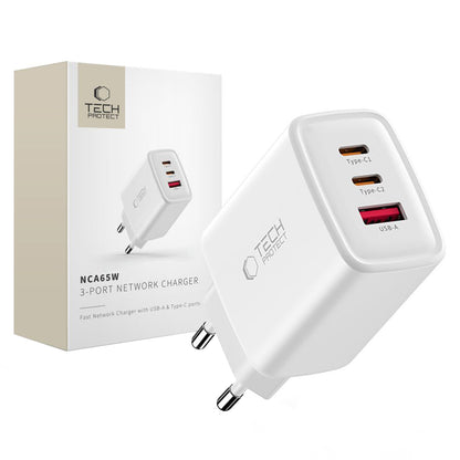 Sieťová nabíjačka Tech-Protect NCA65W, 65W, 3A, 1 x USB-A - 2 x USB-C, Biela
