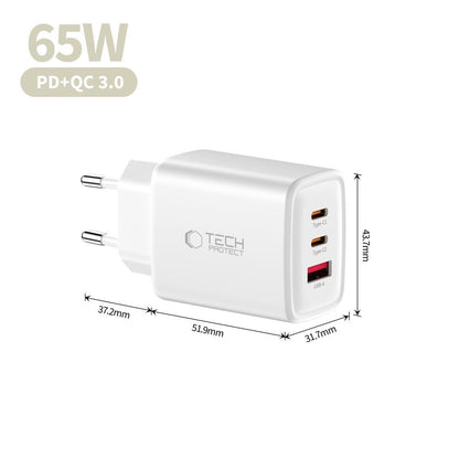 Sieťová nabíjačka Tech-Protect NCA65W, 65W, 3A, 1 x USB-A - 2 x USB-C, Biela