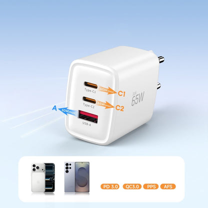 Sieťová nabíjačka Tech-Protect NCA65W, 65W, 3A, 1 x USB-A - 2 x USB-C, Biela
