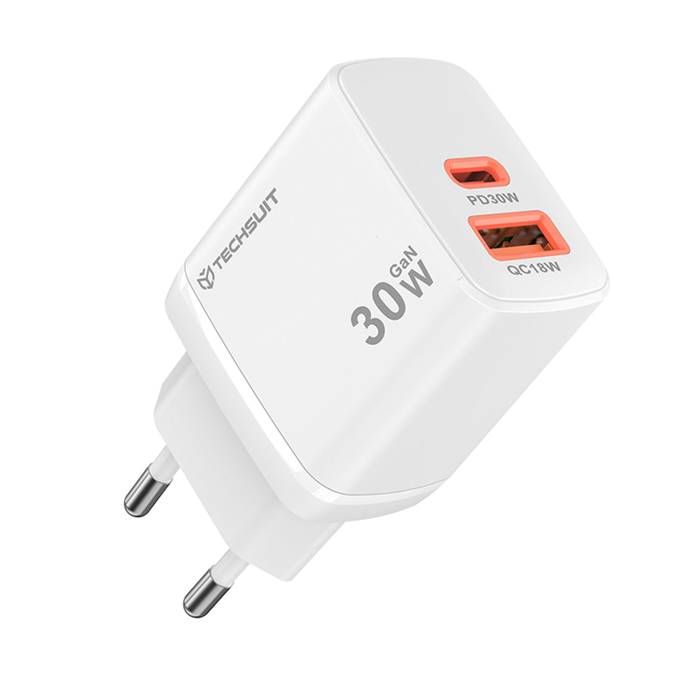 Sieťová nabíjačka Techsuit CH1 Duonix, 30W, 3A, 1 x USB-A - 1 x USB-C, Biela