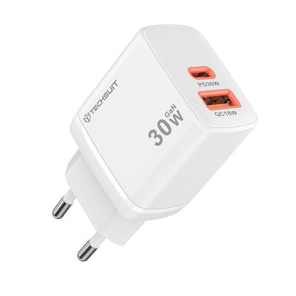 Sieťová nabíjačka Techsuit CH1 Duonix, 30W, 3A, 1 x USB-A - 1 x USB-C, Biela