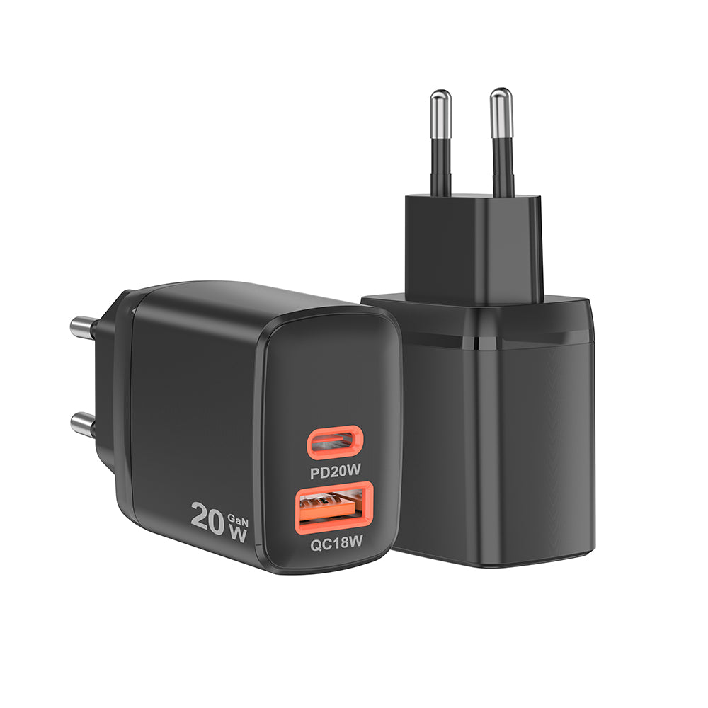 Sieťová nabíjačka Techsuit CH2 Duonix, 20W, 3A, 1 x USB-A - 1 x USB-C, Čierna