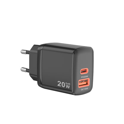 Sieťová nabíjačka Techsuit CH2 Duonix, 20W, 3A, 1 x USB-A - 1 x USB-C, Čierna