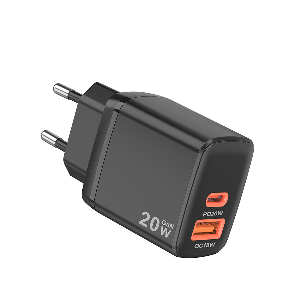 Sieťová nabíjačka Techsuit CH2 Duonix, 20W, 3A, 1 x USB-A - 1 x USB-C, Čierna