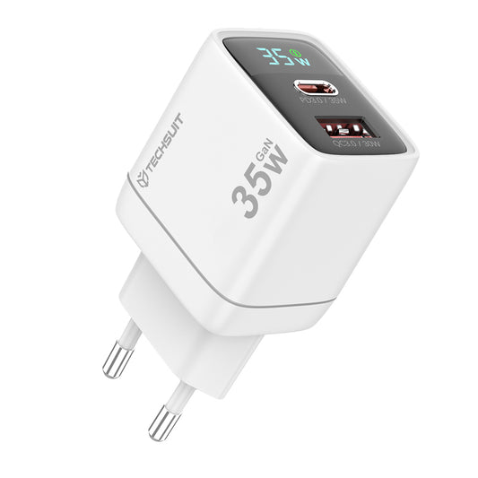 Sieťová nabíjačka Techsuit CH3 LEDChargX Display, 35W, 3A, 1 x USB-A - 1 x USB-C, Biela