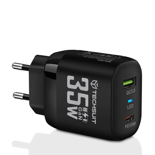 Sieťová nabíjačka Techsuit CHPD174, 35W, 3A, 1 x USB-A - 1 x USB-C, Čierna