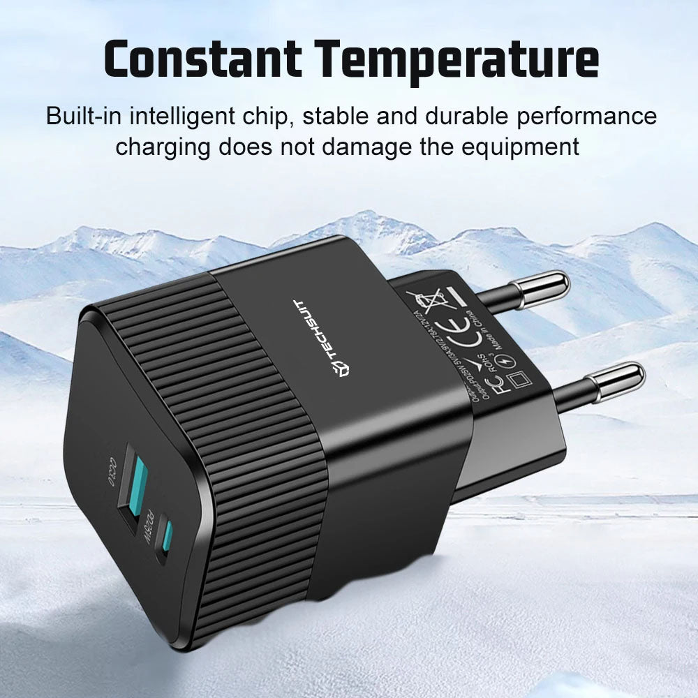 Sieťová nabíjačka Techsuit CHPD216 Tiny, 25W, 3A, 1 x USB-A - 1 x USB-C, Čierna