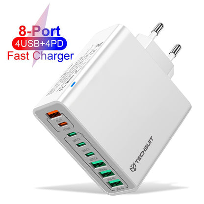 Sieťová nabíjačka Techsuit CHPD224, 65W, 3.25A, 4 x USB-A - 4 x USB-C, Biela