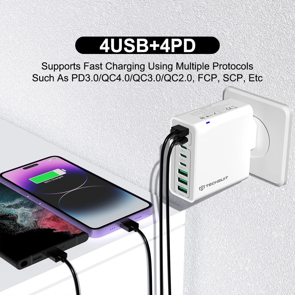 Sieťová nabíjačka Techsuit CHPD224, 65W, 3.25A, 4 x USB-A - 4 x USB-C, Biela