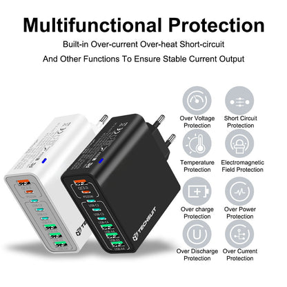 Sieťová nabíjačka Techsuit CHPD224, 65W, 3.25A, 4 x USB-A - 4 x USB-C, Biela