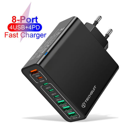 Techsuit CHPD224 Network Charger, 65W, 3.25A, 4 x USB-A - 4 x USB-C, Black
