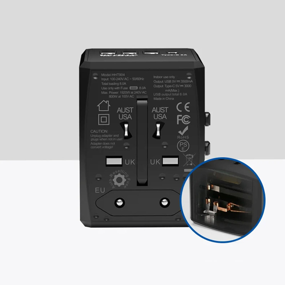 Techsuit HHT904-B1 Travel Network Charger, 15W, 3A, 3 x USB-A - 1 x USB-C, Black