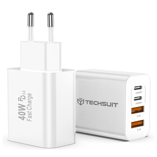 Sieťová nabíjačka Techsuit PowerXQuad CH4, 40W, 3A, 2 x USB-A - 2 x USB-C, Biela