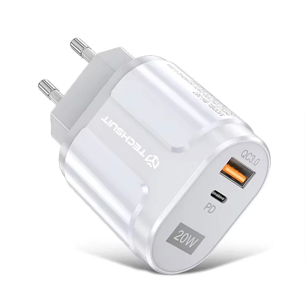 Sieťová nabíjačka Techsuit Premium, 20W, 3A, 1 x USB-A - 1 x USB-C, Biela