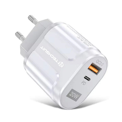 Sieťová nabíjačka Techsuit Premium, 20W, 3A, 1 x USB-A - 1 x USB-C, Biela