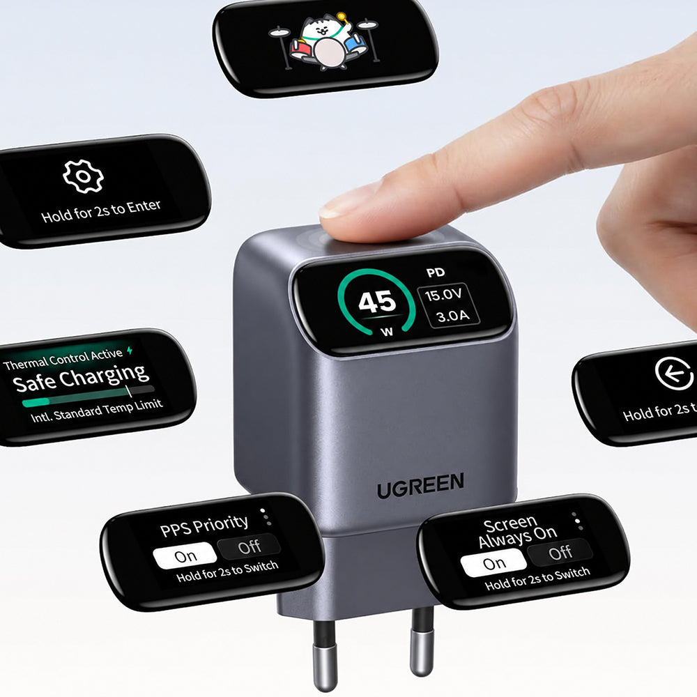 Sieťová nabíjačka UGREEN Nexode Pro X740 (25419B) s displejom, 45 W, 3 A, 1 × USB-C, sivá