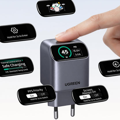 Sieťová nabíjačka UGREEN Nexode Pro X740 (25419B) s displejom, 45 W, 3 A, 1 × USB-C, sivá