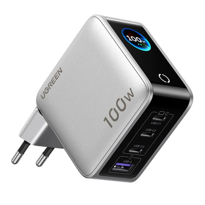 Sieťová nabíjačka UGREEN Nexode Pro X772 (95942B) s displejom, 100 W, 5 A, 1 × USB-A – 3 × USB-C, sivá