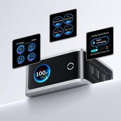 Sieťová nabíjačka UGREEN Nexode Pro X772 (95942B) s displejom, 100 W, 5 A, 1 × USB-A – 3 × USB-C, sivá