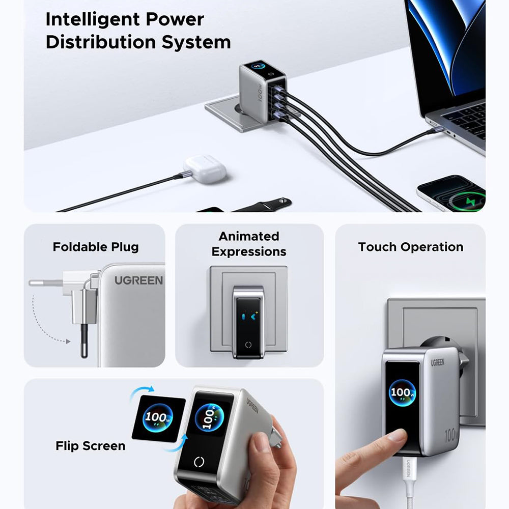 Sieťová nabíjačka UGREEN Nexode Pro X772 (95942B) s displejom, 100 W, 5 A, 1 × USB-A – 3 × USB-C, sivá