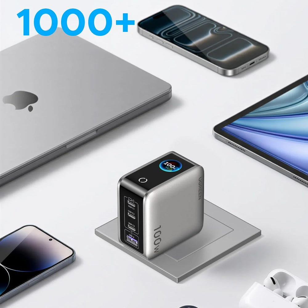 Sieťová nabíjačka UGREEN Nexode Pro X772 (95942B) s displejom, 100 W, 5 A, 1 × USB-A – 3 × USB-C, sivá