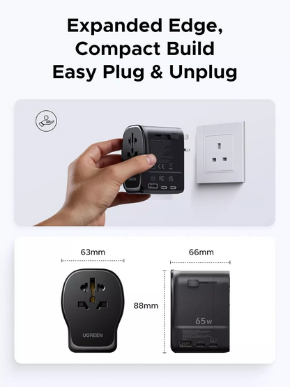 Sieťová nabíjačka UGREEN Travel S550 (55001), 65W, 3,25A, 1 x USB-A - 2 x USB-C, čierna