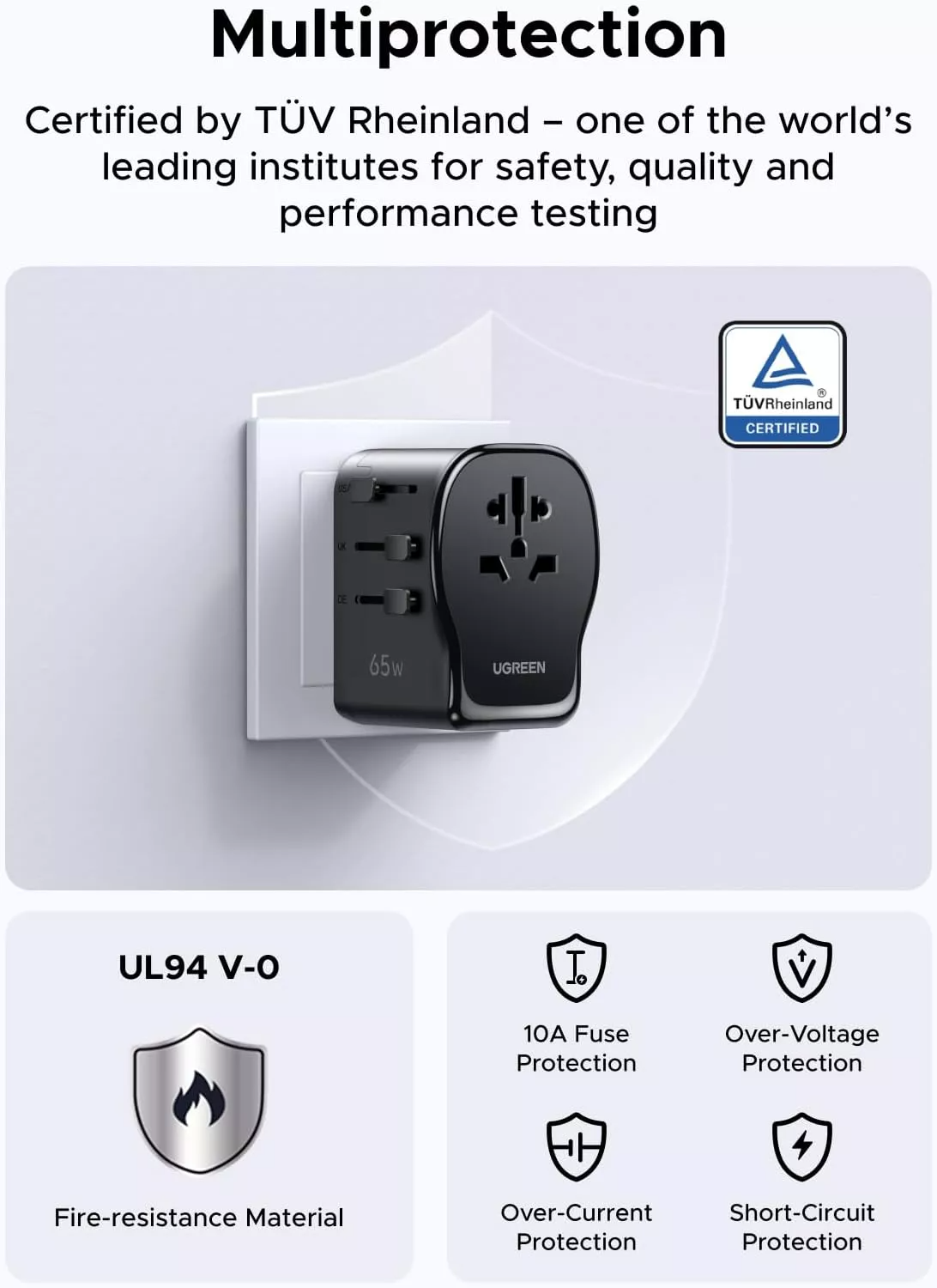 Sieťová nabíjačka UGREEN Travel S550 (55001), 65W, 3,25A, 1 x USB-A - 2 x USB-C, čierna