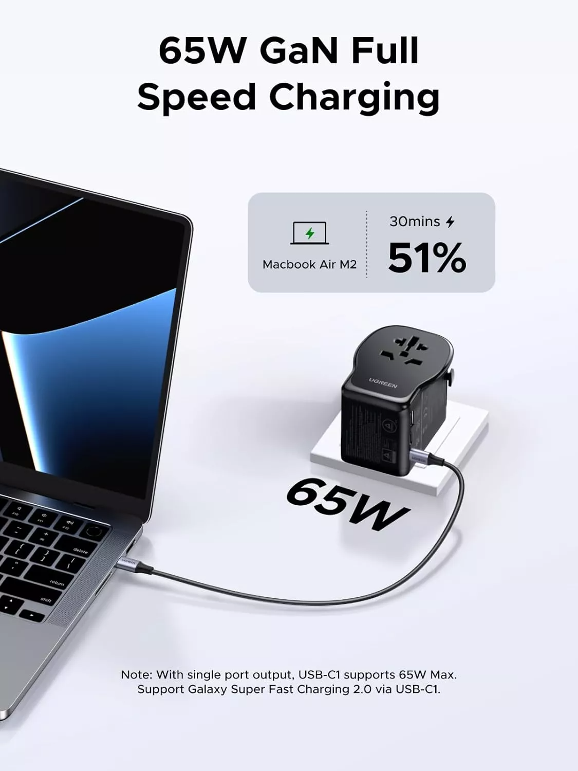 Sieťová nabíjačka UGREEN Travel S550 (55001), 65W, 3,25A, 1 x USB-A - 2 x USB-C, čierna