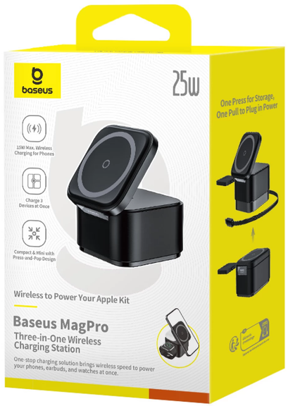 Bezdrôtová sieťová nabíjačka Baseus MagPro 3 v 1 USB-C, 25 W, 1 × USB-C, čierna P10264100123-01