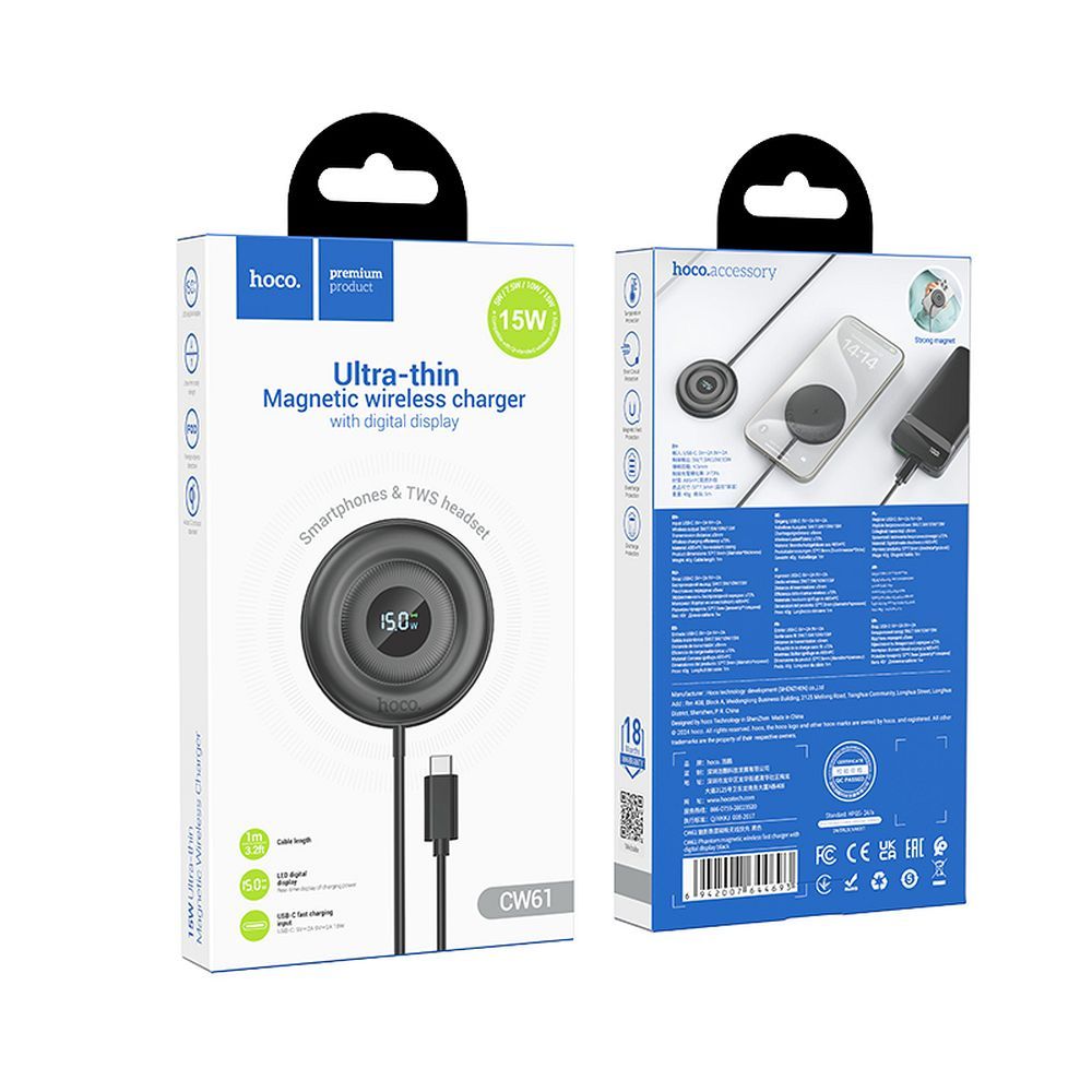 Bezdrôtová sieťová nabíjačka HOCO CW61, 15W, 1.67A, Čierna