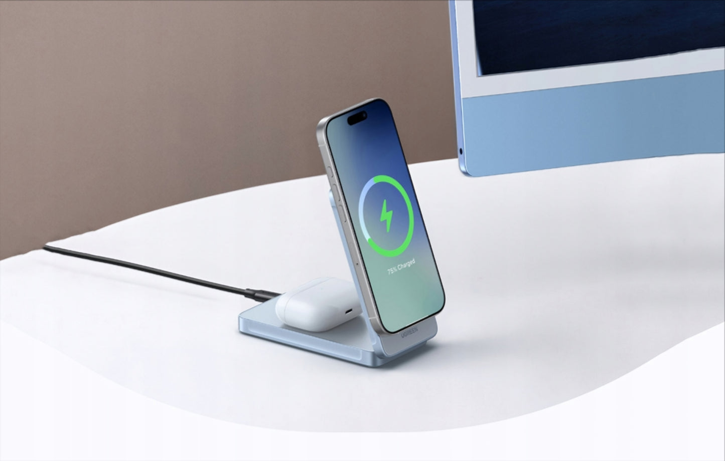 Bezdrôtová nabíjačka UGREEN MagFlow 2in1, 25W, Modrá