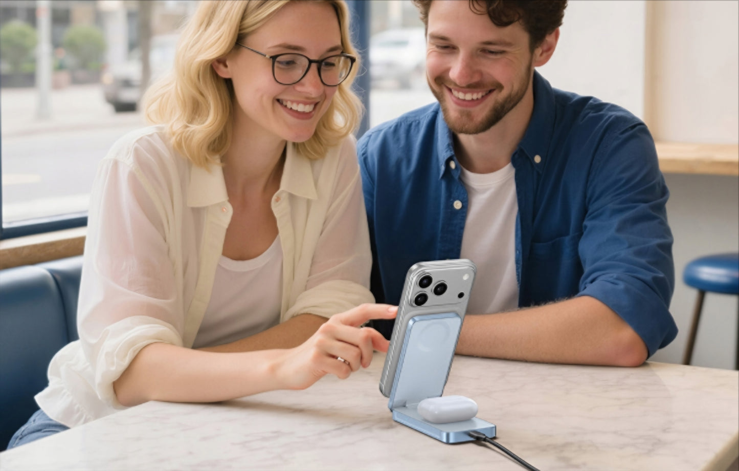 Bezdrôtová nabíjačka UGREEN MagFlow 2in1, 25W, Modrá